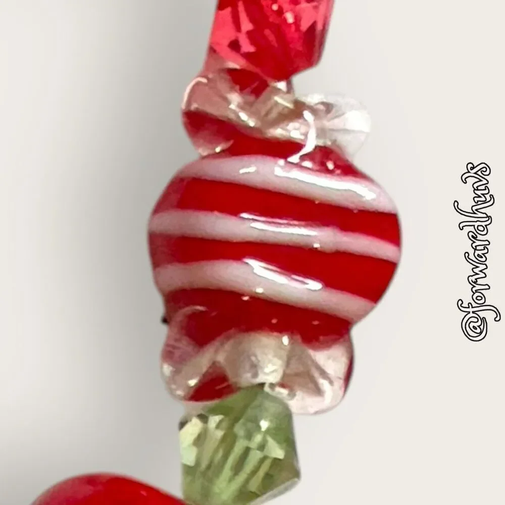 Glass Santa, Tree & Candy Beads On Adjustable Silver Tone Chain Bracelet